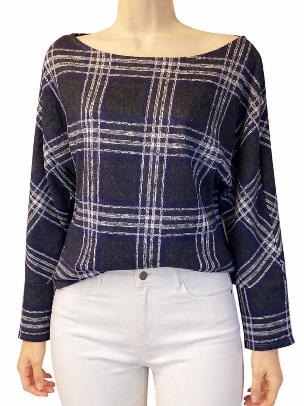 Dynamite Navy Plaid Boatneck Top
